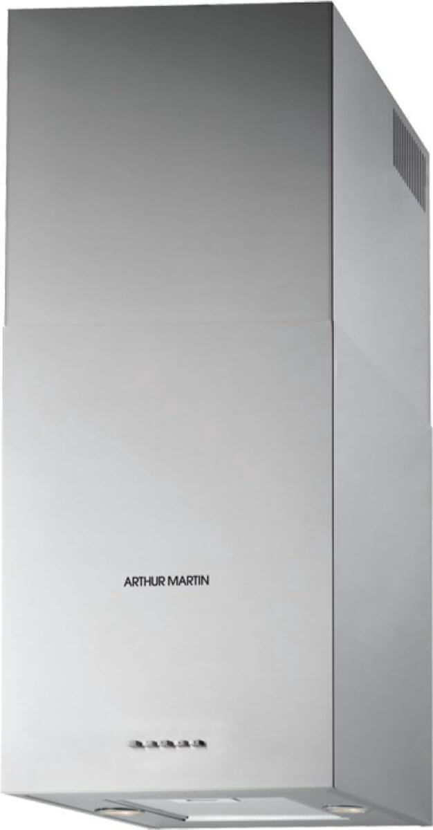 RVS Arthur Martin AFC4453MX wandafzuigkap van 43 cm breed, met strak design en bedieningsknoppen aan de onderzijde.
