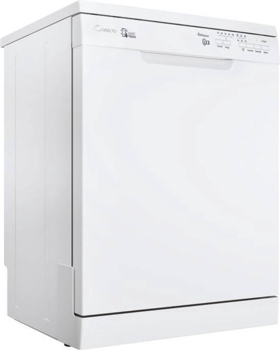 Schuin vooraanzicht van de Candy CDPN 1L390SW vaatwasser met wit front, Smart Touch-logo en bedieningsknoppen zichtbaar bovenaan