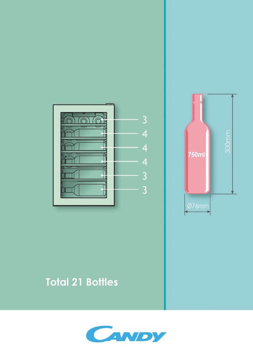 Technische illustratie van de Candy CWC 021 M/N wijnkoelkast met flesverdeling voor 21 flessen van 750 ml, inclusief afmetingen van standaard wijnfles (300 mm hoog, 76 mm diameter)