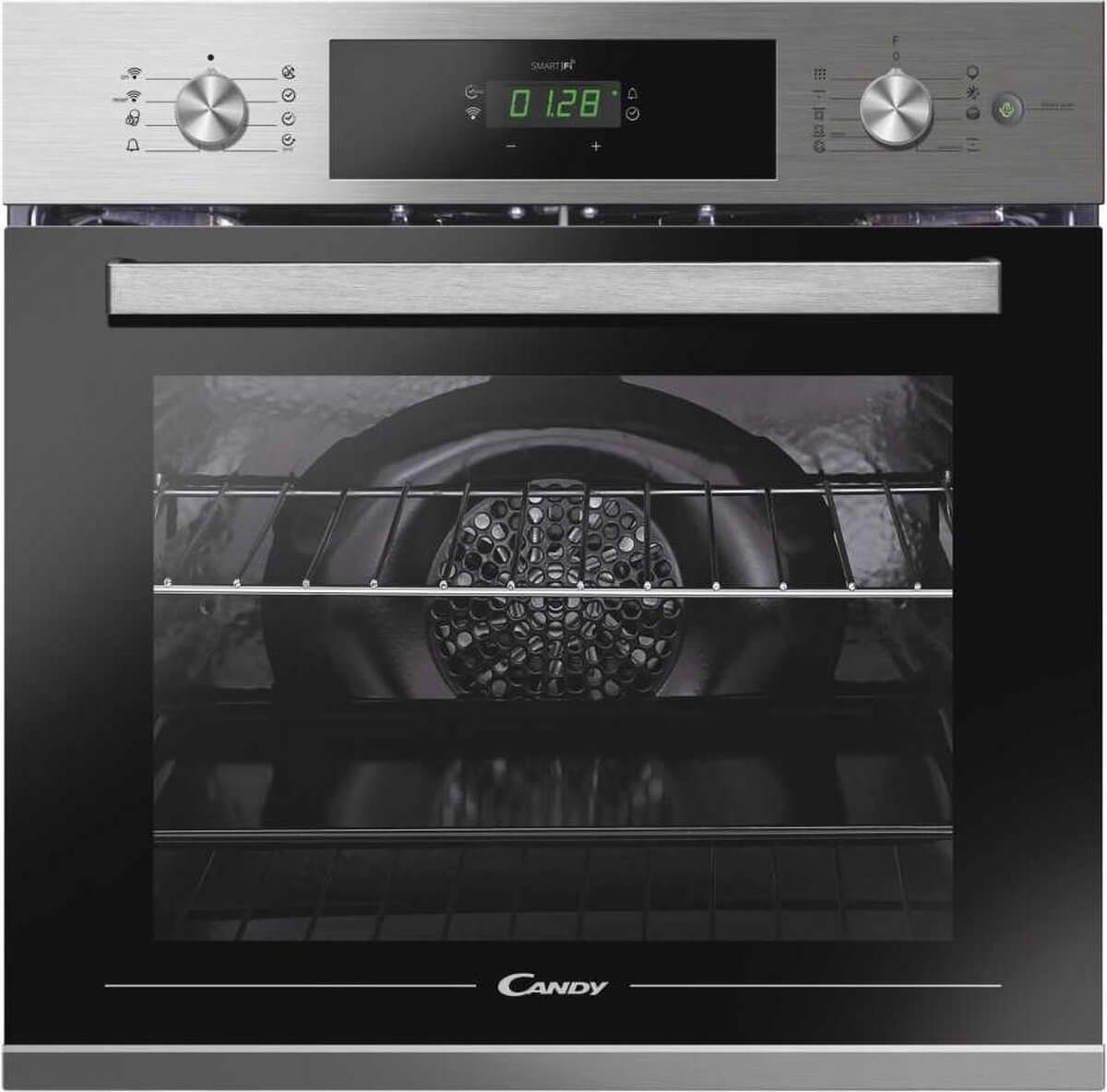 Voorzijde van de Candy FCTS886X inbouwoven met strak rvs-bedieningspaneel en digitale display.