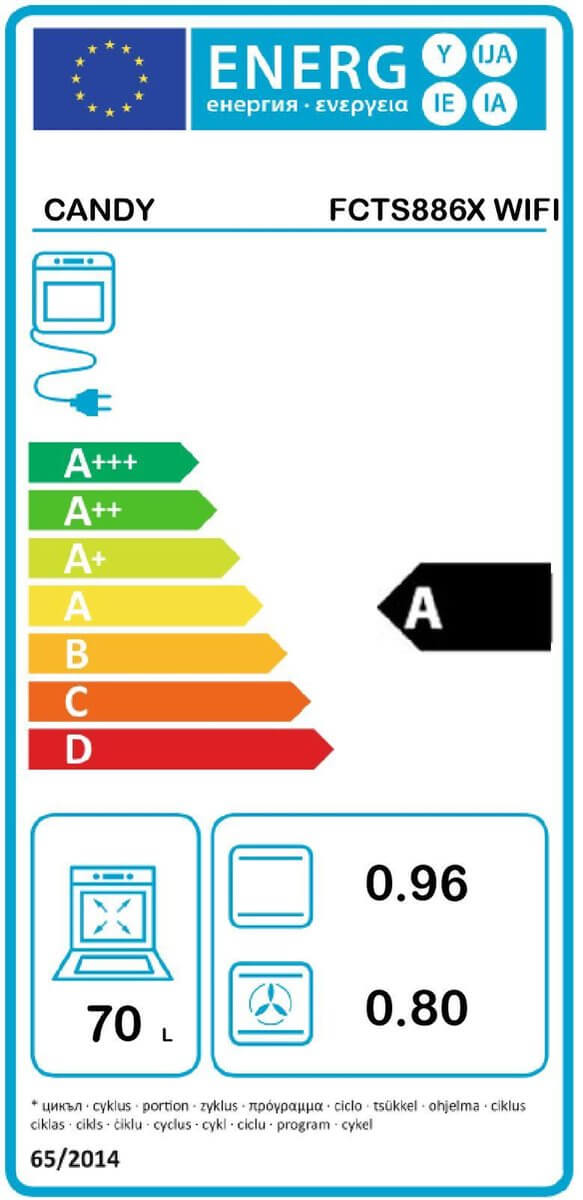 Energielabel van de Candy FCTS886X oven met energieklasse A en 70 liter inhoud.