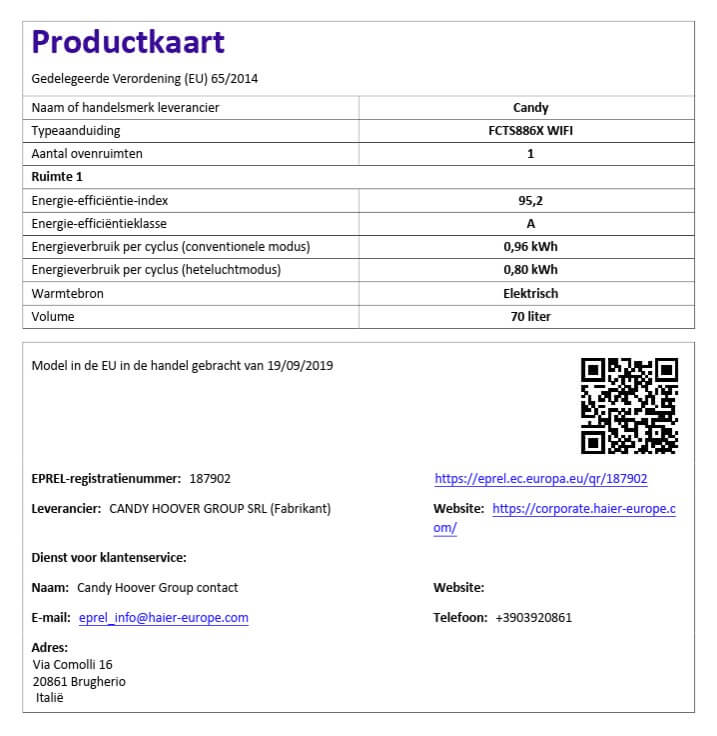 Productkaart van de Candy FCTS886X inbouwoven met energieklasse A, 70 liter inhoud en elektrisch verwarmingssysteem.