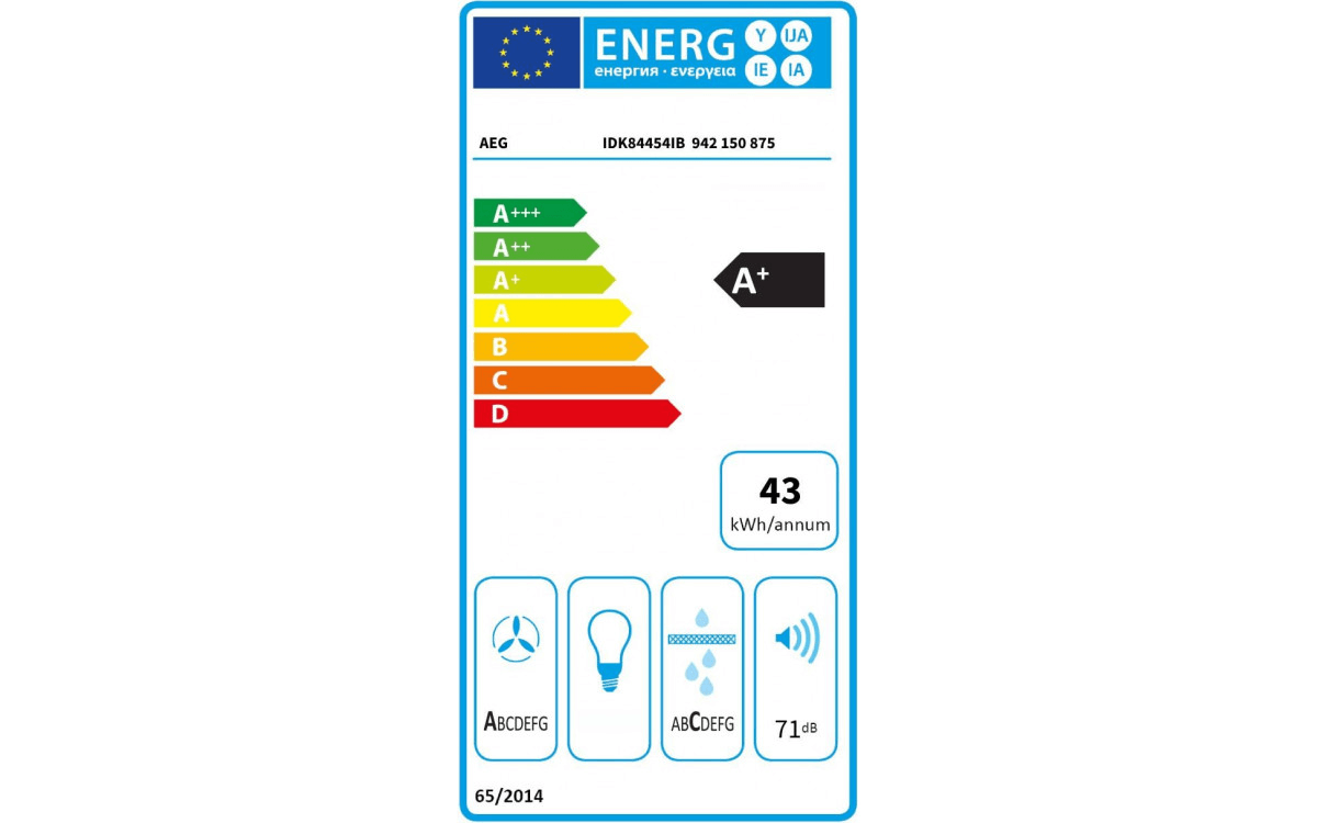 EU-energielabel van de AEG IDK84454IB met klasse A+, 43 kWh/jaar en 71 dB geluidsniveau