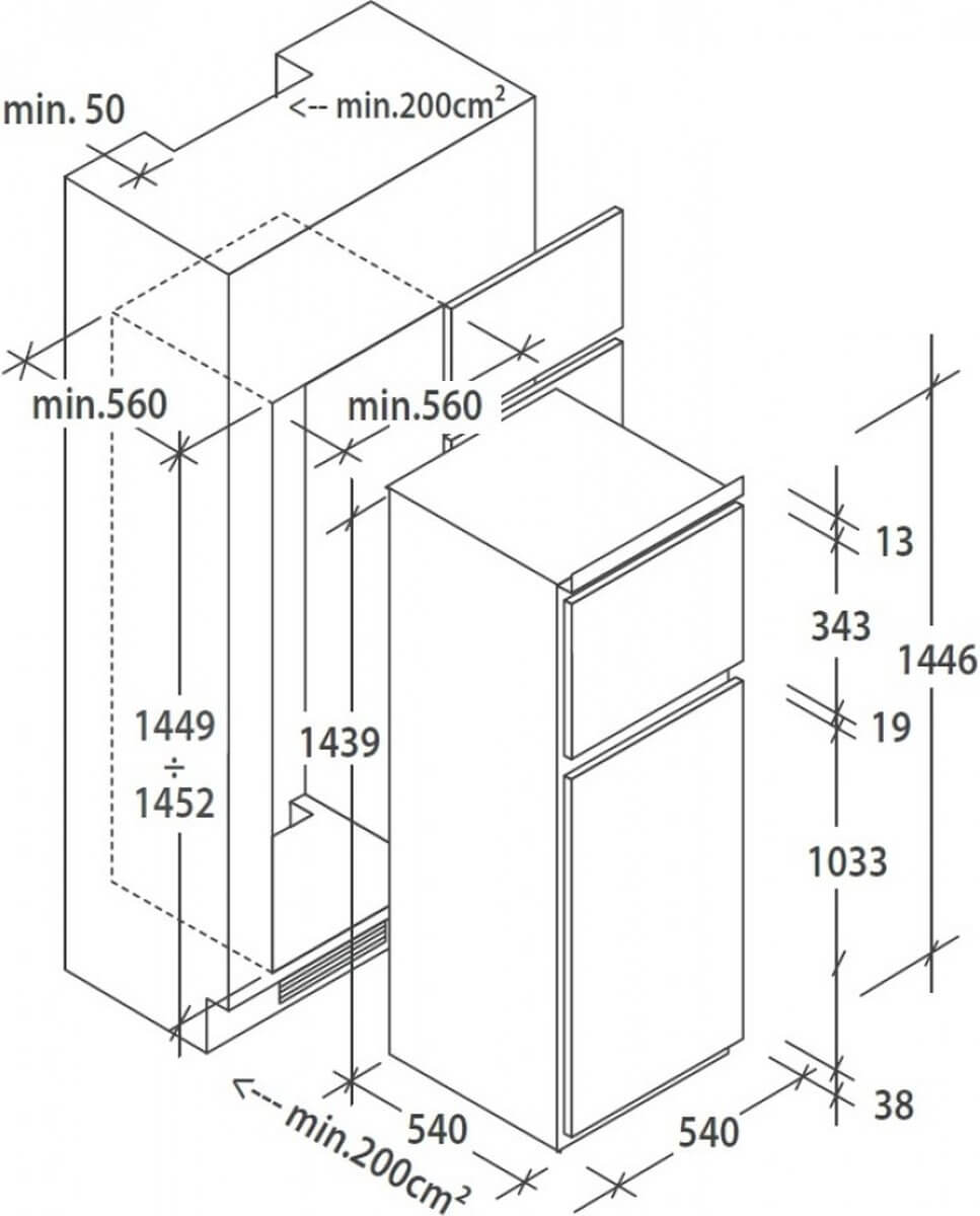Technische inbouwtekening van de Candy CFBD 2450/5EH koel-vriescombinatie met afmetingen en minimale nismaten.