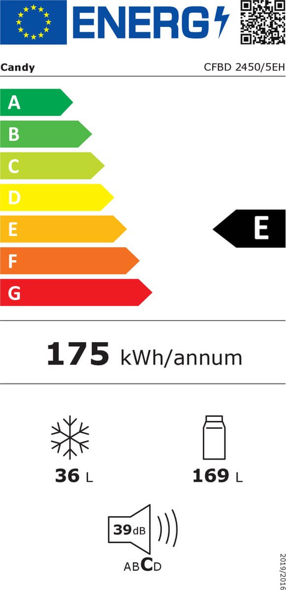 Energielabel Candy CFBD 2450/5EH koel-vriescombinatie – energieklasse E, verbruik 175 kWh/jaar, inhoud 169 L koelgedeelte en 36 L vriesvak, geluidsniveau 39 dB.