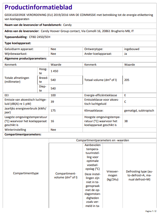 Productinformatiebad van de Candy CFBD 2450/5EH koel-vriescombinatie met technische gegevens: afmetingen 145 × 54 × 54 cm, inhoud 205 L, energieklasse E, 39 dB geluidsniveau en jaarlijks verbruik 175 kWh.