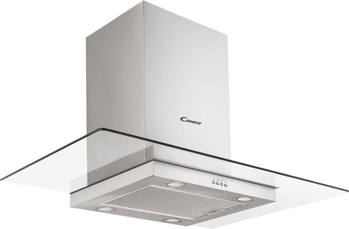 Candy CVMI900X eilandafzuigkap 90 cm – roestvrij staal met glazen rand, vooraanzicht zonder damp