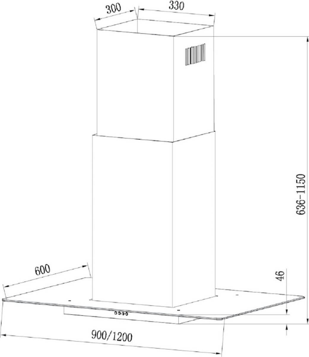 Technische tekening Candy CVMI900X – afmetingen 900 × 600 mm, instelbare hoogte, schoorsteenafmetingen