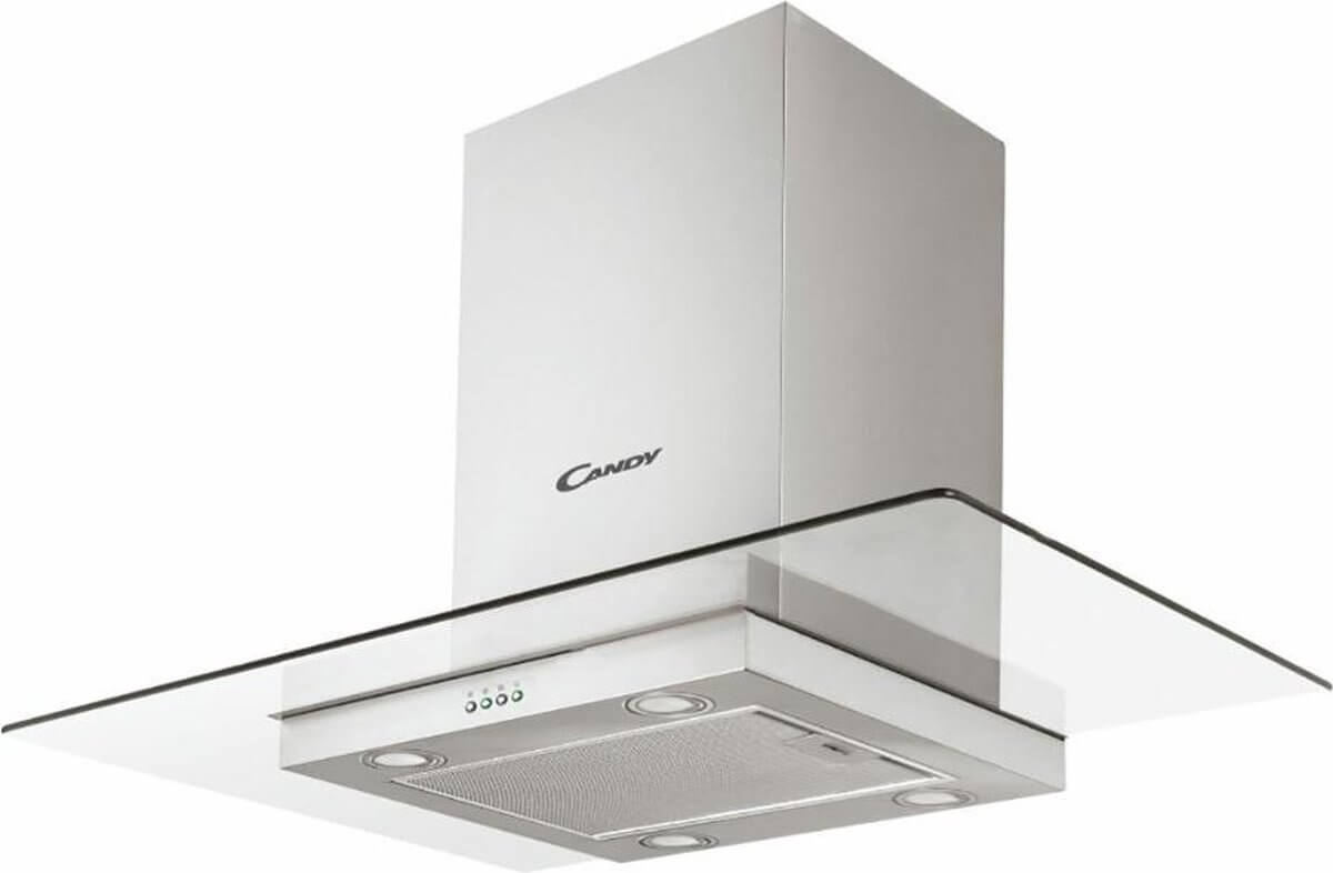 Candy CVMI900X – moderne eilandkap van 90 cm in RVS en glas, schuin vooraanzicht