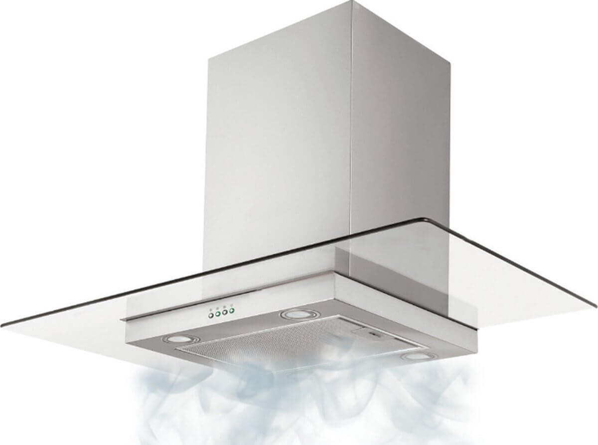 Candy CVMI900X afzuigkap 90 cm – dampafvoer in werking, onderaanzicht met LED-verlichting