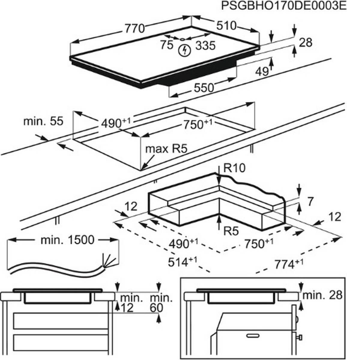 Inbouwtekening van de AEG IKB84443IB inductiekookplaat met afmetingen en uitsnijdingsmaten