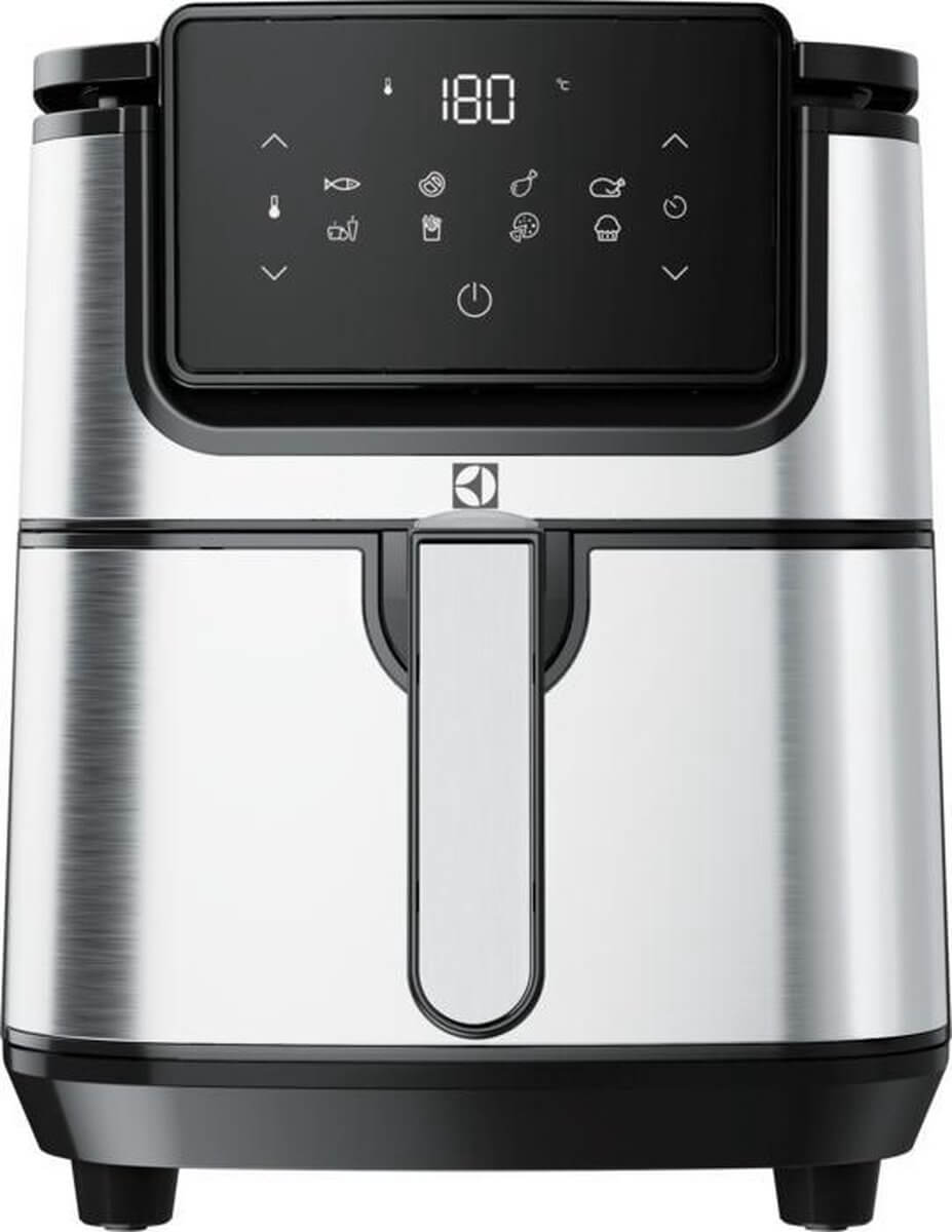 Vooraanzicht Electrolux E6AF1-4ST airfryer met digitaal display, temperatuurinstellingen en strak roestvrijstalen ontwerp.