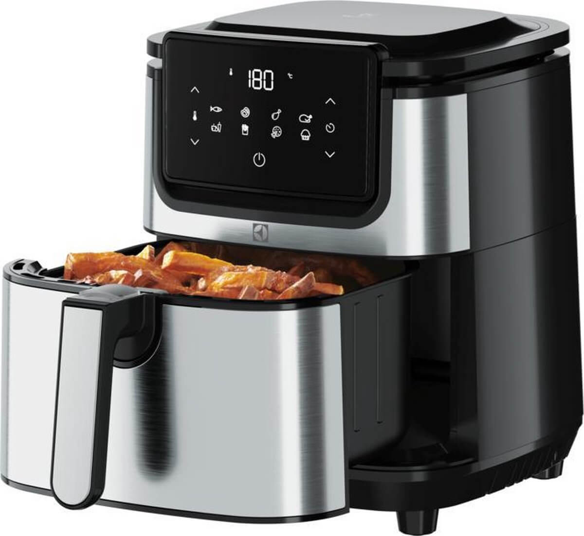 Electrolux E6AF1-4ST airfryer met open lade gevuld met goudbruine frieten.