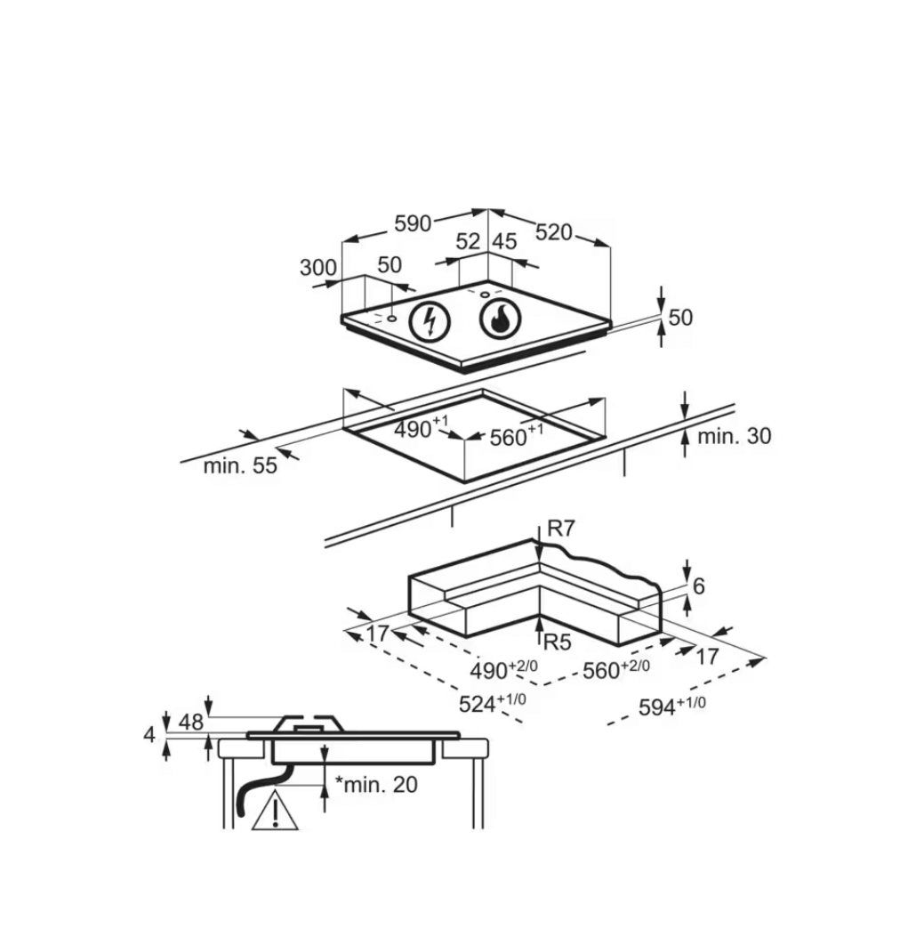 AEG HF704163NB | Gas+Inductiekookplaat | 2 gaspitten | 2 inductiezones | 59 cm | StepPower | Bridge-Functie - Afbeelding 7