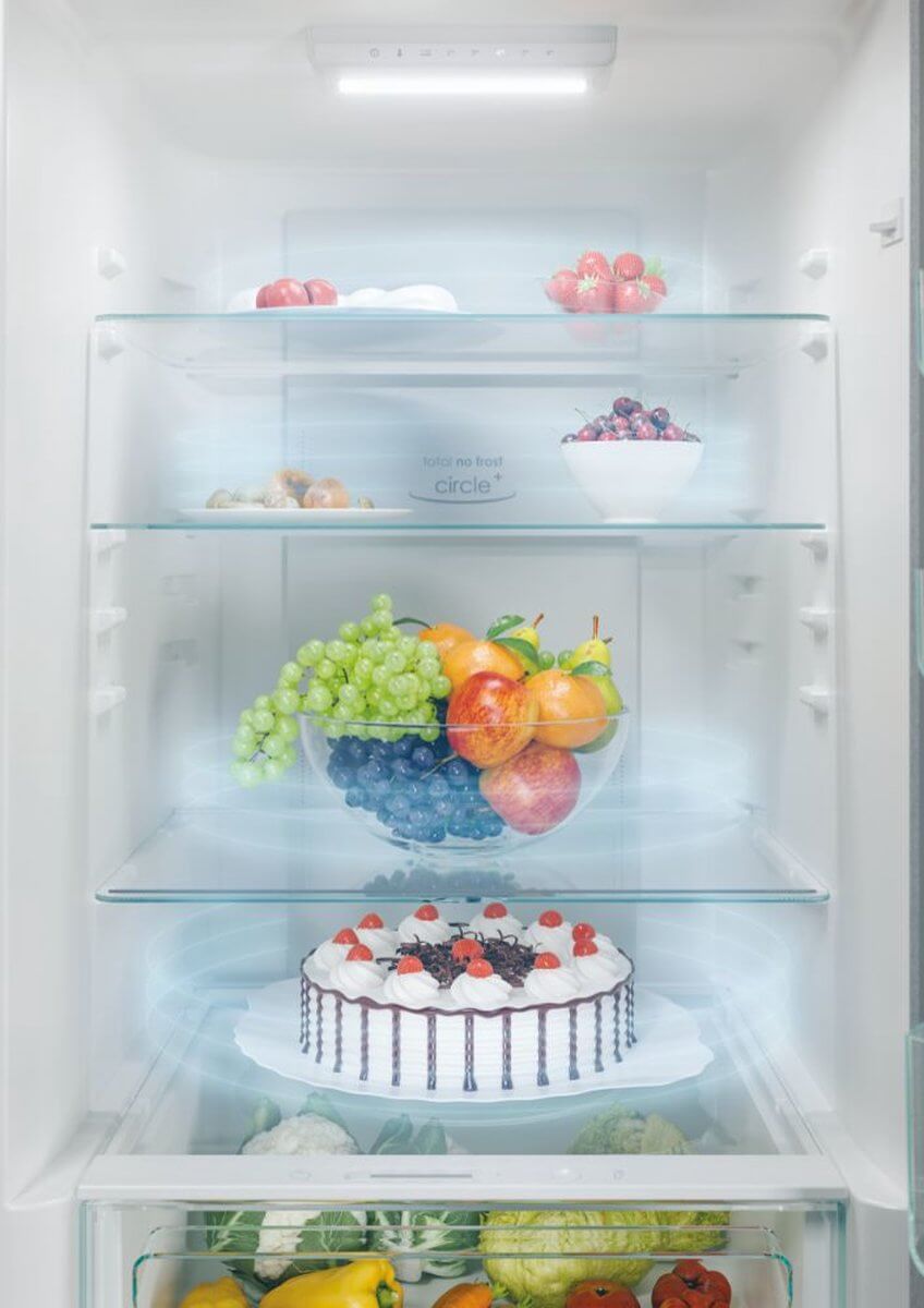 Candy CCE3T618ES koel-vriescombinatie met Total No Frost Circle+ technologie, gevuld met fruit en taart.