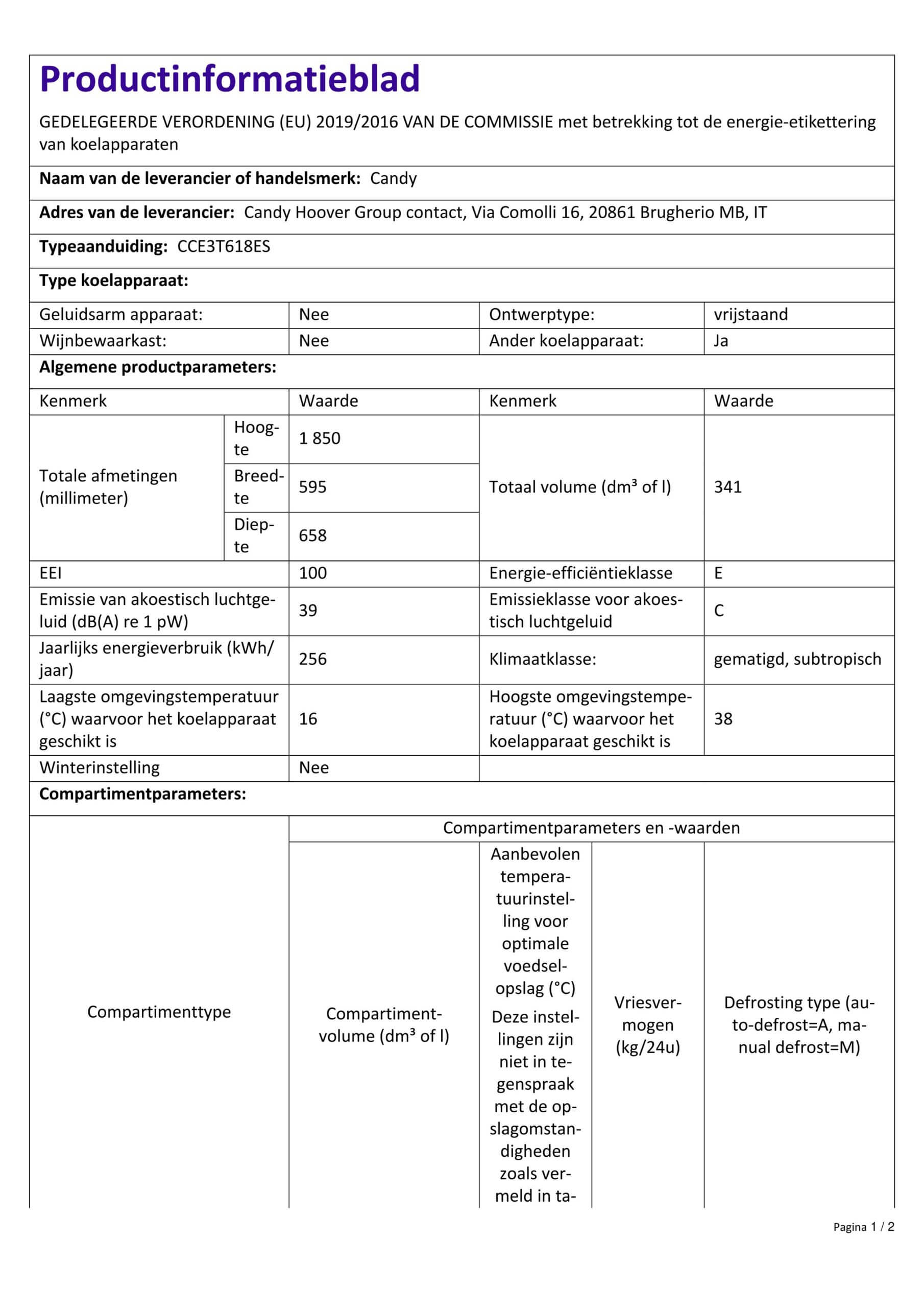 Productinformatieblad Candy CCE3T618ES – Technische specificaties en energieverbruik van de koel-vriescombinatie.