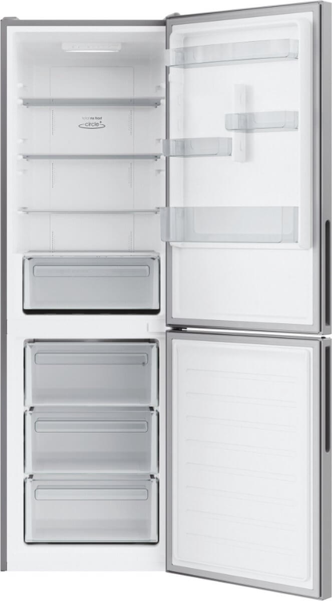 Candy CCE3T618ES koel-vriescombinatie – open deuren, overzicht koel- en vriesruimte, zilver