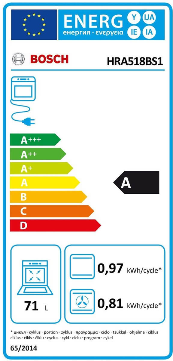 Energielabel Bosch HRA518BS1 – energieklasse A, 71 liter inhoud, verbruik 0,97 kWh per cyclus