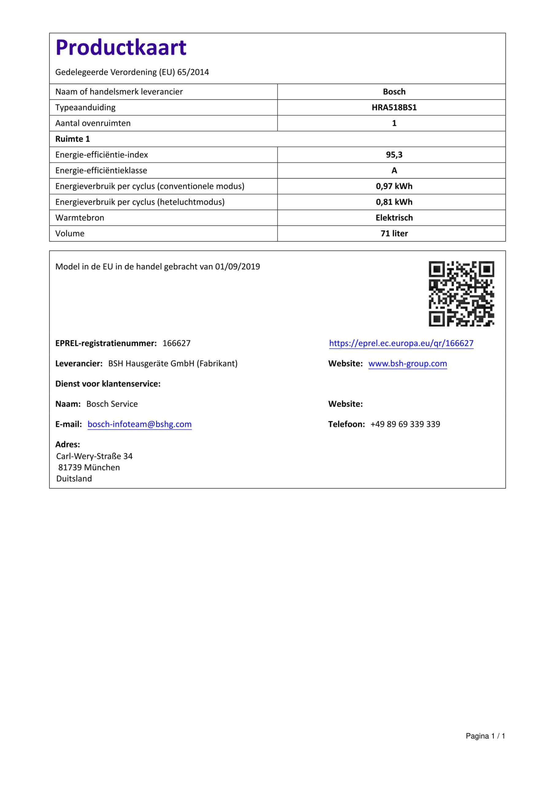 EU-productkaart Bosch HRA518BS1 – 71 liter elektrische oven, energieklasse A, model sinds 2019