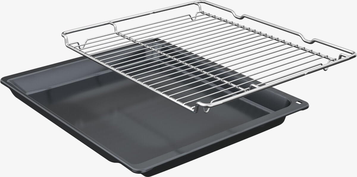 Bosch HRA518BS1 accessoires – geëmailleerde bakplaat en ovenrooster, meegeleverd bij de inbouwoven