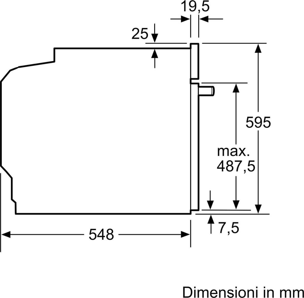 Technische zijaanzicht tekening Bosch HRA518BS1 – nisdiepte 548 mm, totale hoogte 595