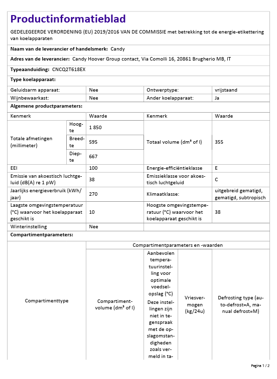 Candy CNCQ2T618EX | Koel-vriescombinatie | Vrijstaand | 355 liter | E | RVS | Geen ijsvorming - Afbeelding 18