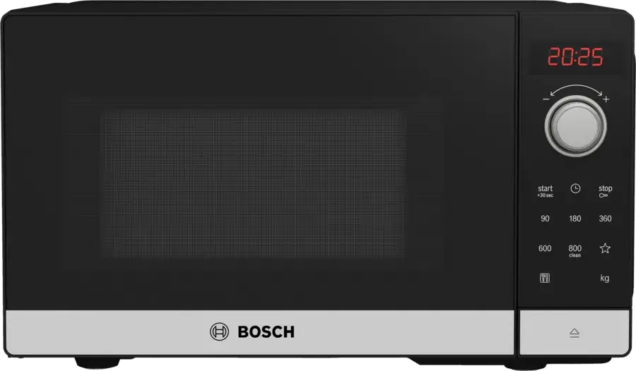 Vooraanzicht van de Bosch FFL023MS2 magnetron met digitaal display en draaiknop