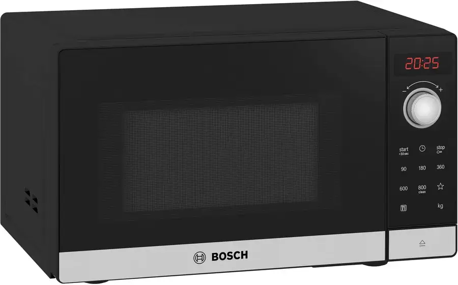 Schuin vooraanzicht van de Bosch FFL023MS2 vrijstaande magnetron in zwart en zilver