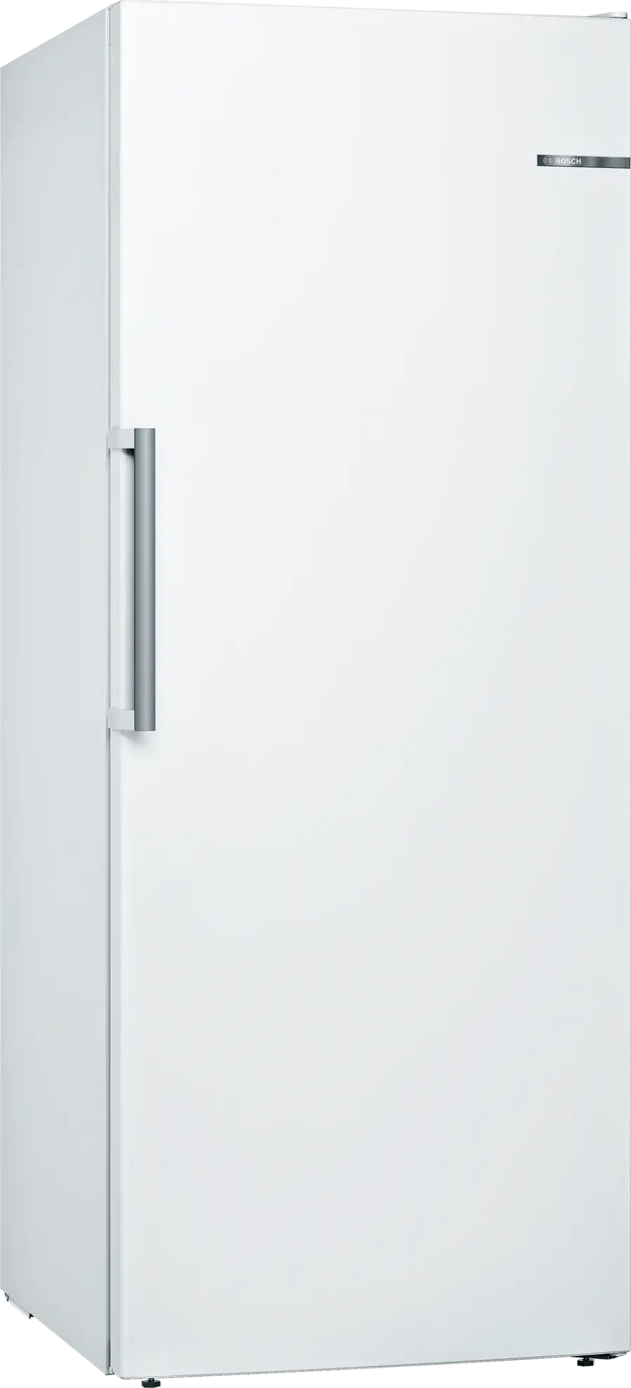 Vooraanzicht van de Bosch vriezer GSN54AWDV in wit, vrijstaand model met roestvrijstalen handgreep en strak, modern design