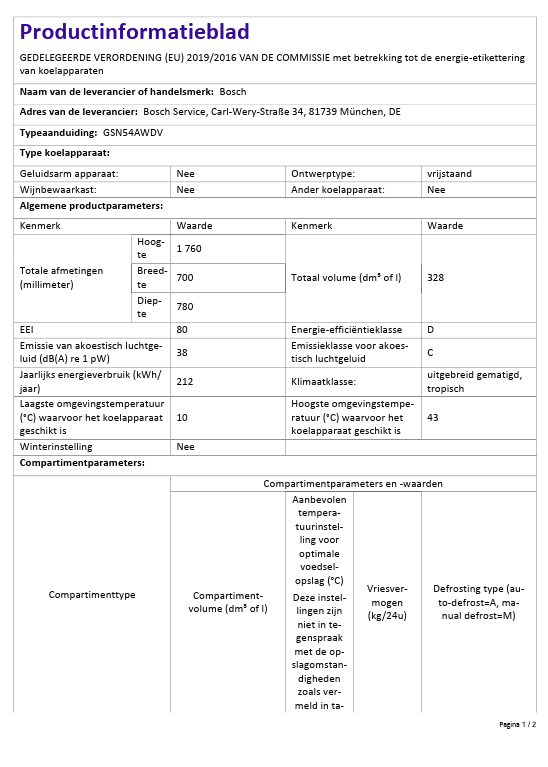 Energie-informatieblad van Bosch vriezer GSN54AWDV met specificaties zoals energieklasse D, jaarlijks verbruik 212 kWh, netto inhoud 328 liter en geluidsniveau 38 dB