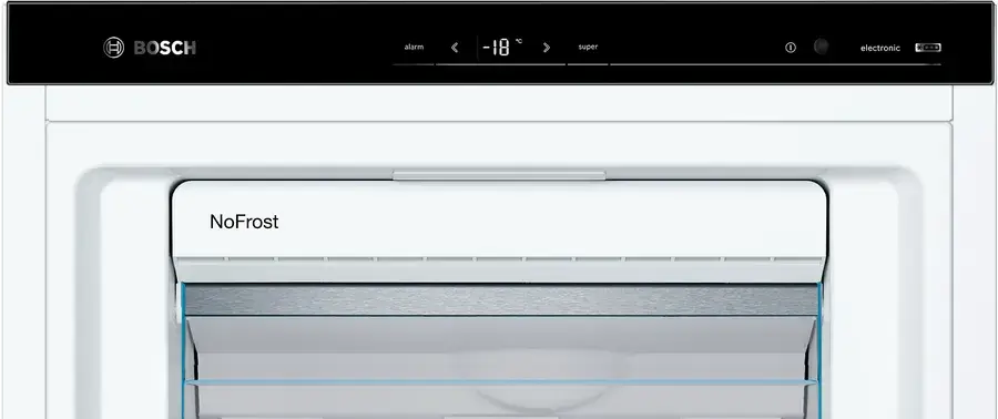 Bosch NoFrost vriezer GSN54AWDV – bedieningspaneel met digitale temperatuurweergave, -18°C instelling en elektronische bediening