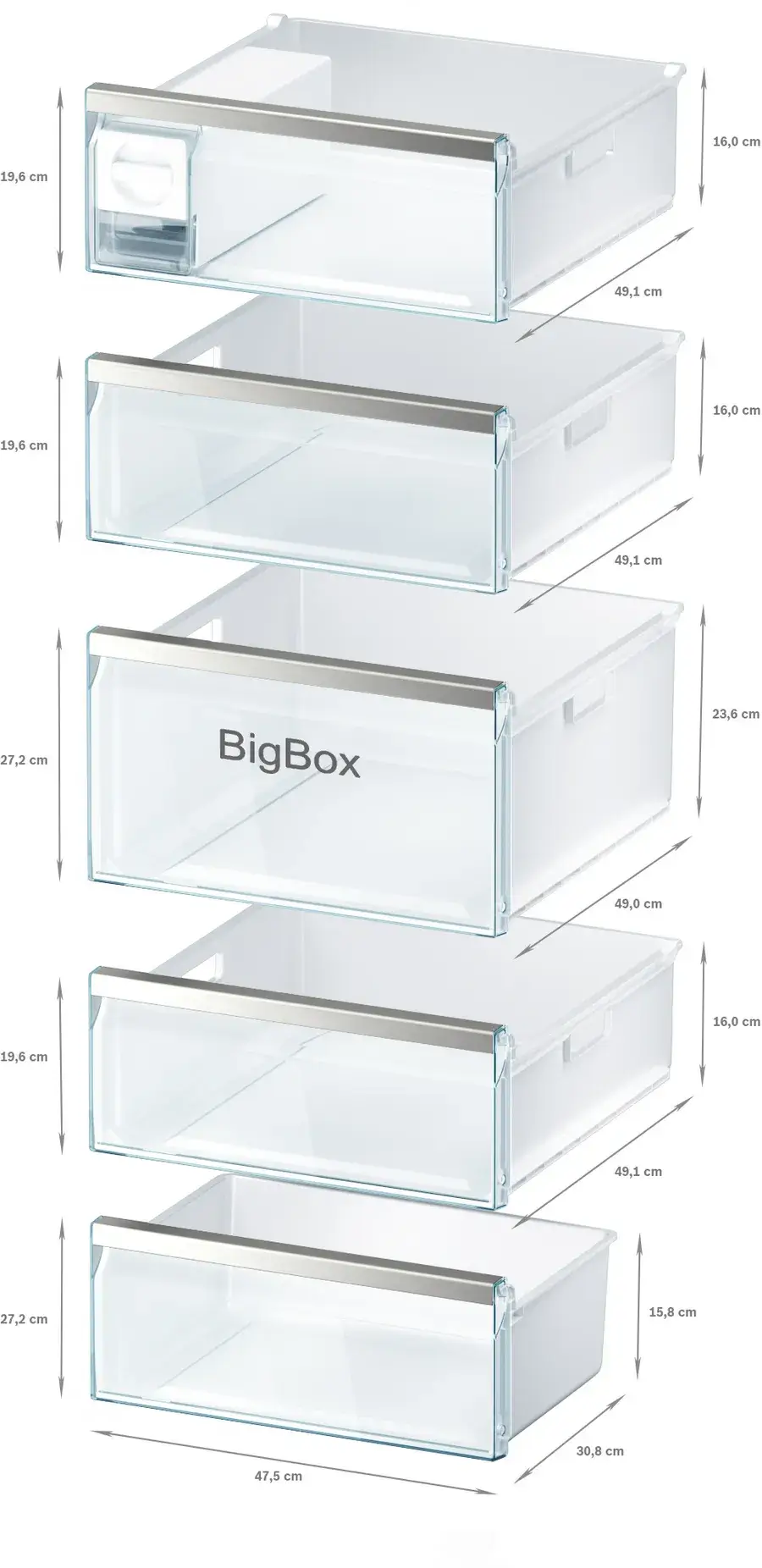 Afbeelding van Bosch vriezerlades met afmetingen in centimeters, inclusief BigBox-lade voor grote diepvriesproducten