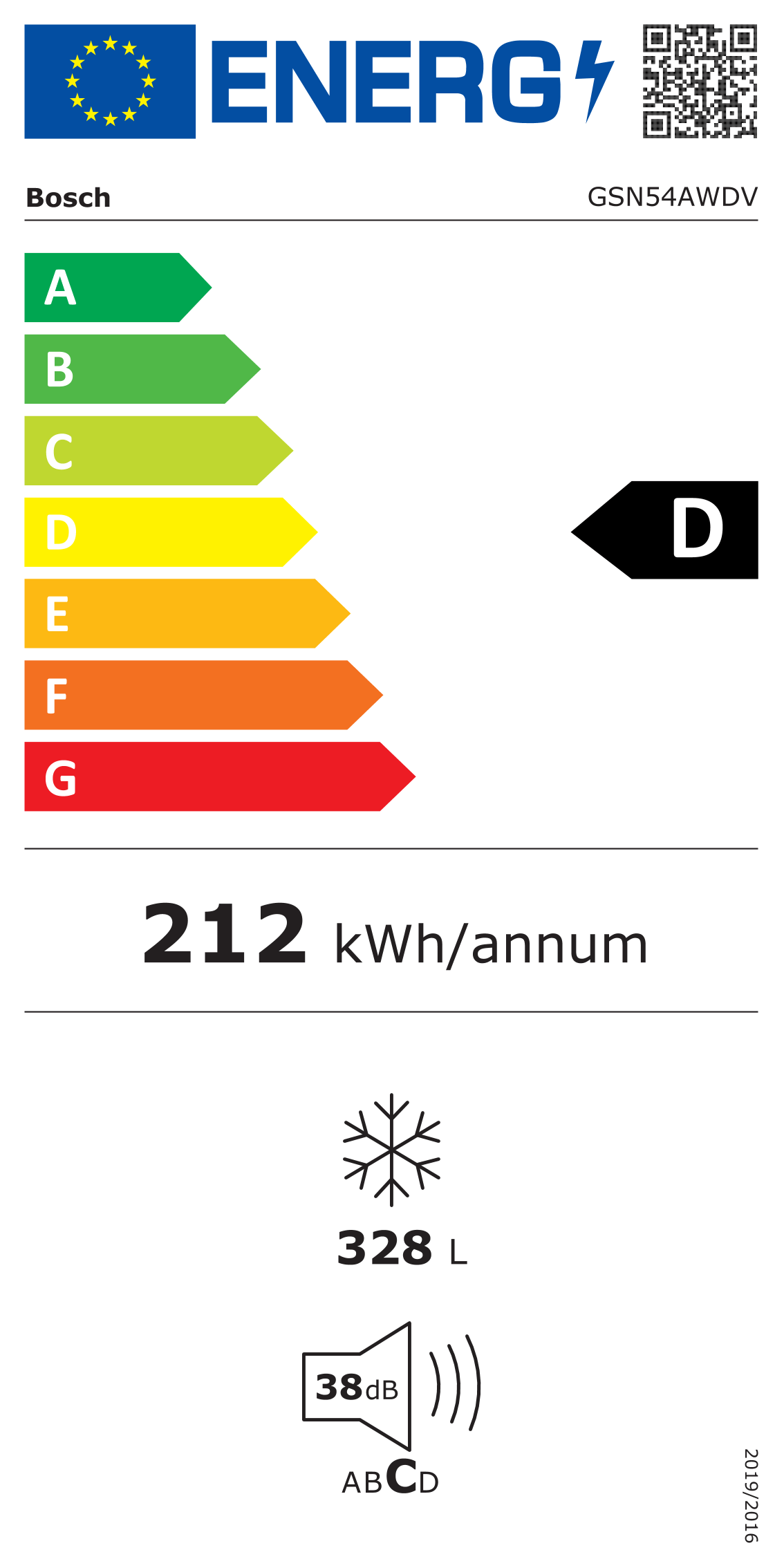 Energielabel Bosch GSN54AWDV vriezer – energieklasse D, 212 kWh per jaar, 328 liter netto inhoud, geluidsniveau 38 dB
