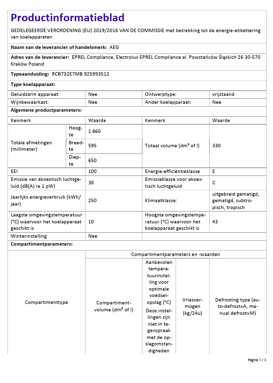 Productinformatieblad van AEG RCB732E7MB koel-vriescombinatie met energieklasse E, 330 liter inhoud en No Frost technologie