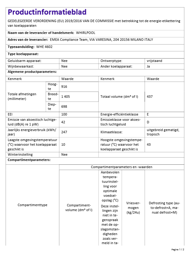 Whirlpool WHE4602 | Vriezer | Vrijstaand | 437 liter | 42 dB | Wit | Handmatig ontdooien - Afbeelding 8