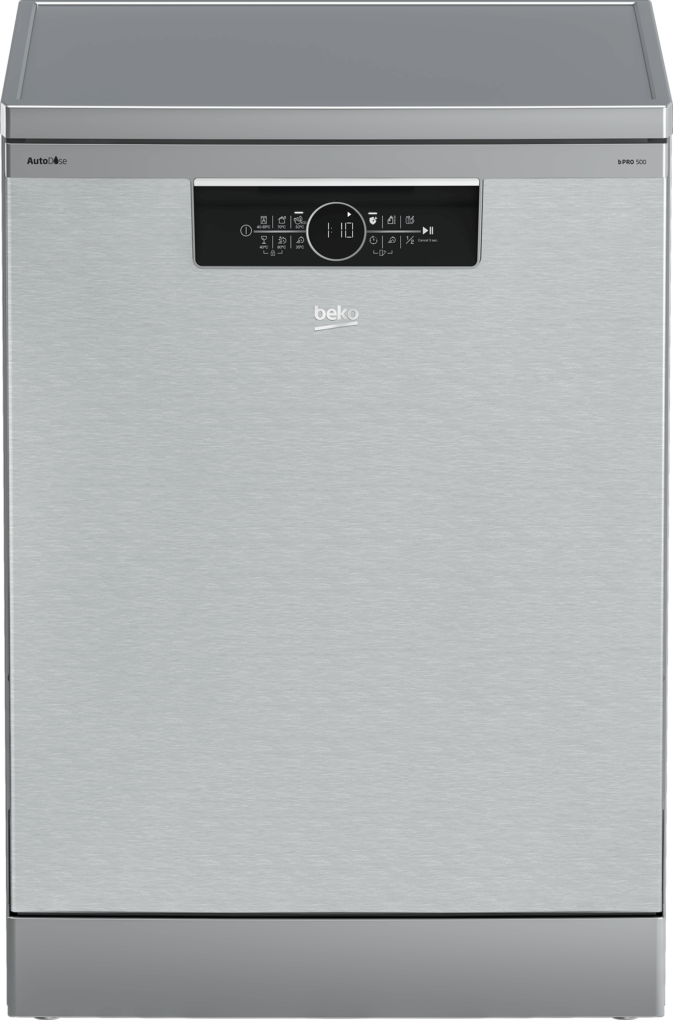 Vooraanzicht van de Beko BDFN36640XA vaatwasser met digitaal display en bedieningspaneel