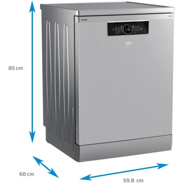 Afbeelding van de Beko BDFN36640XA vaatwasser met afmetingen: 85 cm hoog, 60 cm breed, 59.8 cm diep