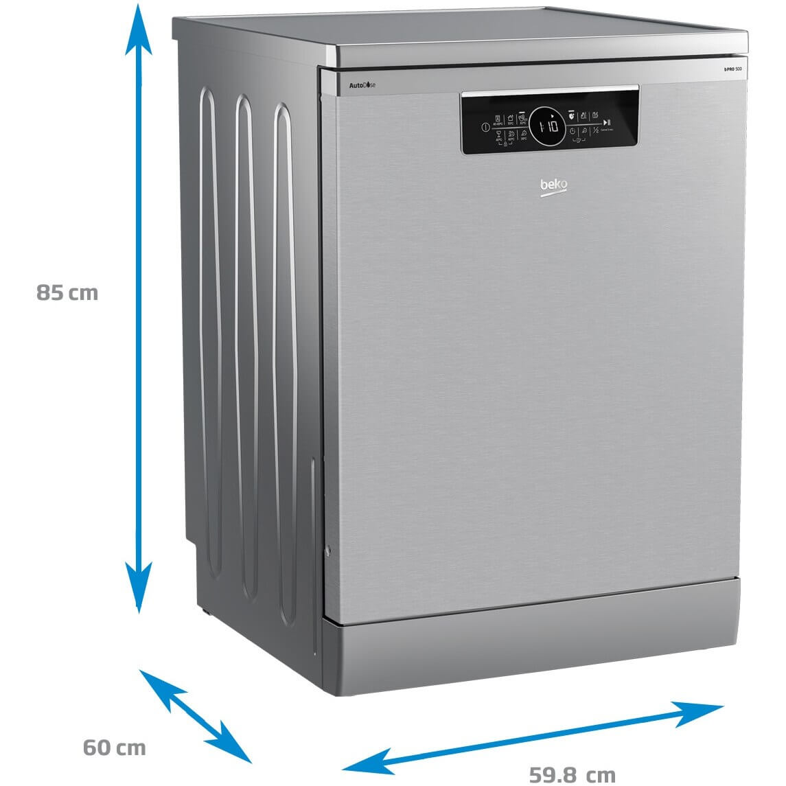 Afbeelding van de Beko BDFN36640XA vaatwasser met afmetingen: 85 cm hoog, 60 cm breed, 59.8 cm diep