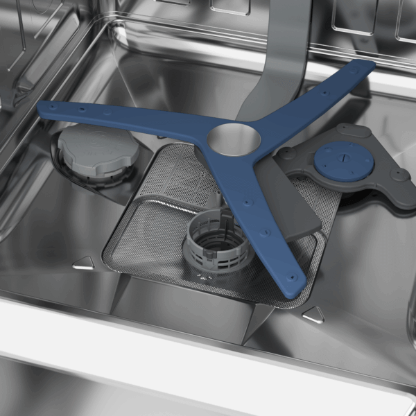 Interieur van de Beko BDFN36640XA met driehoekige sproeiarm en filtersysteem