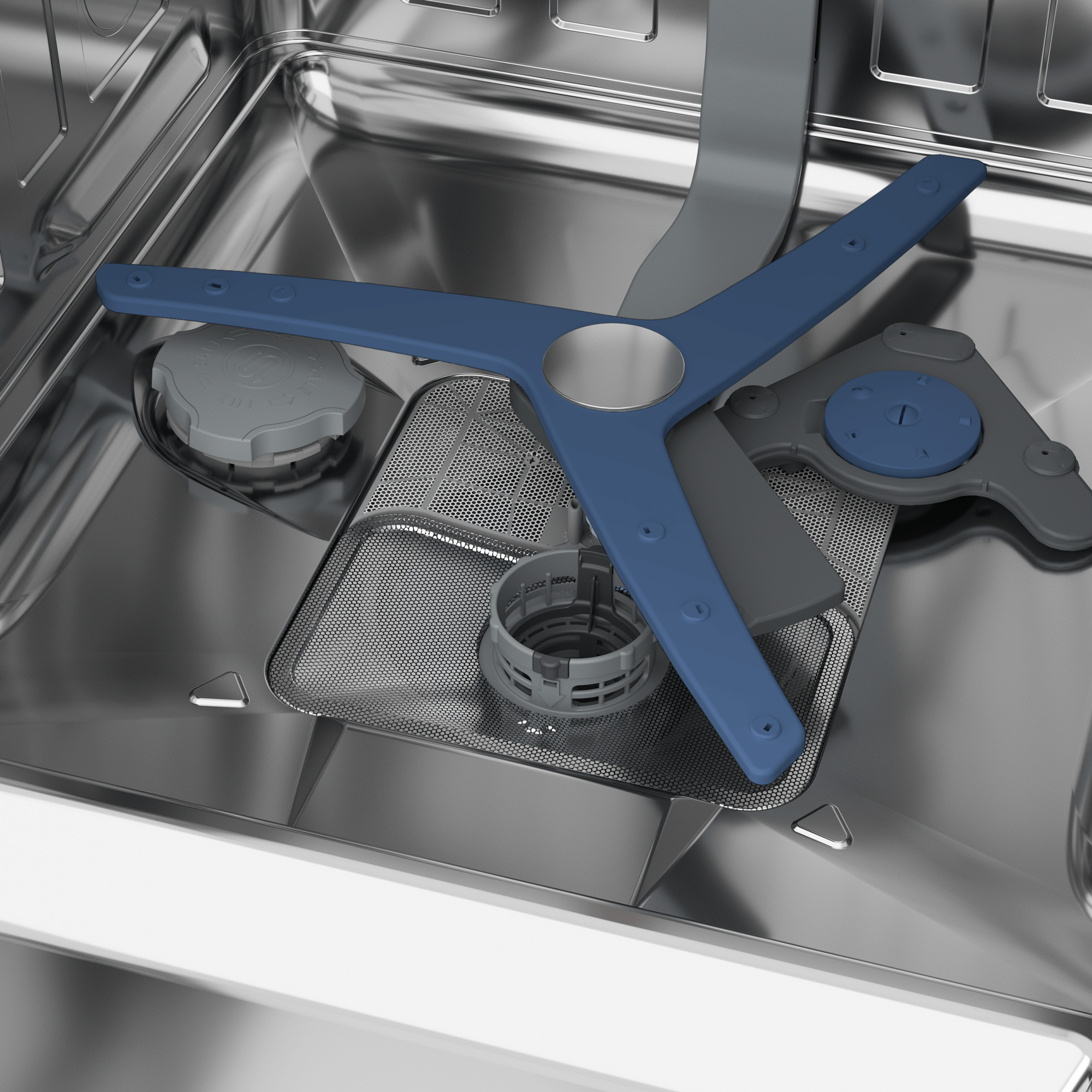 Interieur van de Beko BDFN36640XA met driehoekige sproeiarm en filtersysteem