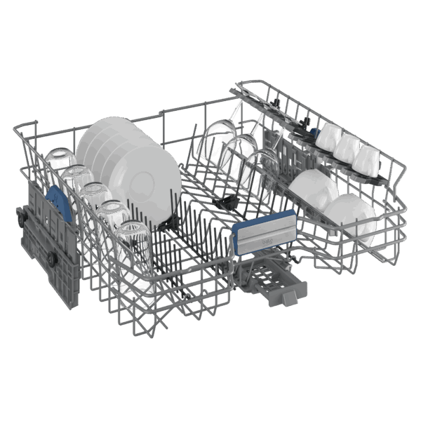 Bovenkorf van de Beko BDFN36640XA vaatwasser met kopjes, glazen en kleine borden
