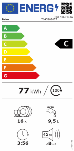 Energie-efficiëntielabel van de Beko BDFN36640XA met energieklasse C, verbruik 77 kWh per 100 cycli