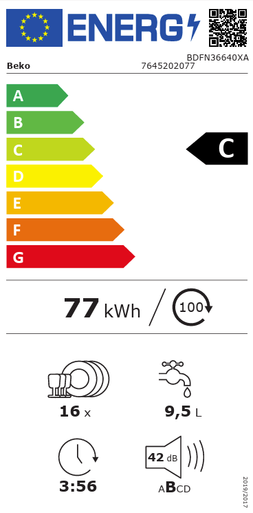Energie-efficiëntielabel van de Beko BDFN36640XA met energieklasse C, verbruik 77 kWh per 100 cycli