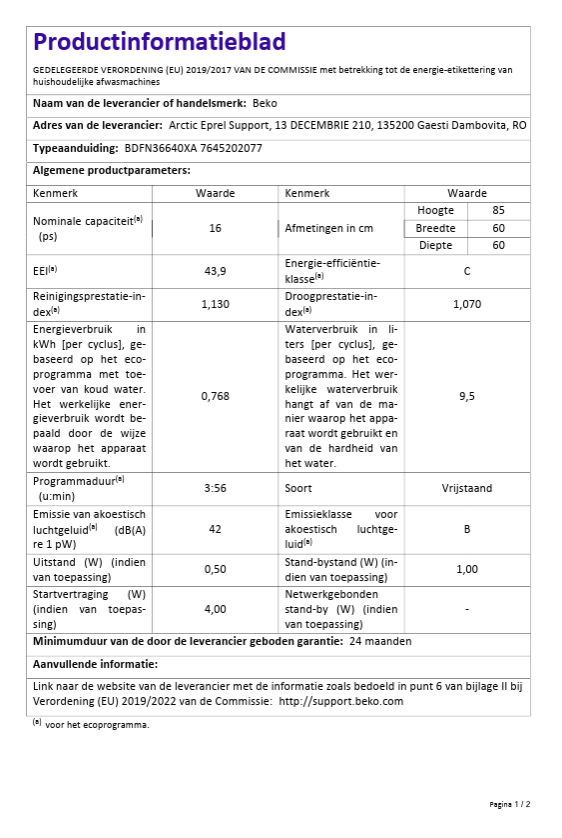 Productinformatieblad van de Beko BDFN36640XA vrijstaande vaatwasser, capaciteit 16 couverts