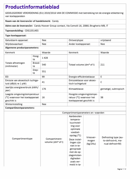 Productinformatieblad Candy CDG1S514ES – afmetingen, geluidsniveau, klimaatklasse en energieklasse E