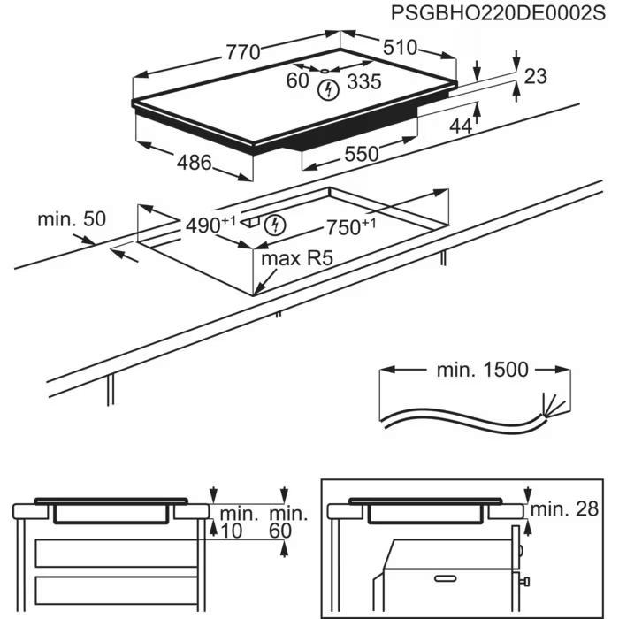 Montagetekening met alternatieve uitsparing en radiusmaten voor Electrolux EIS87553IZ