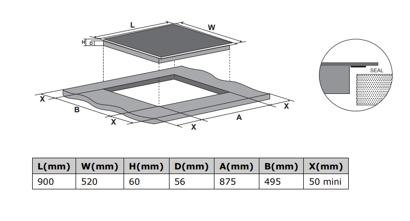 Technische tekening van Hoover HIFS954SC kookplaat met inbouwmaten: 90x52 cm