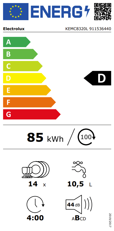 Energielabel Electrolux KEMC8320L: Energieklasse D, 14 couverts, 44 dB, 85 kWh per 100 cycli