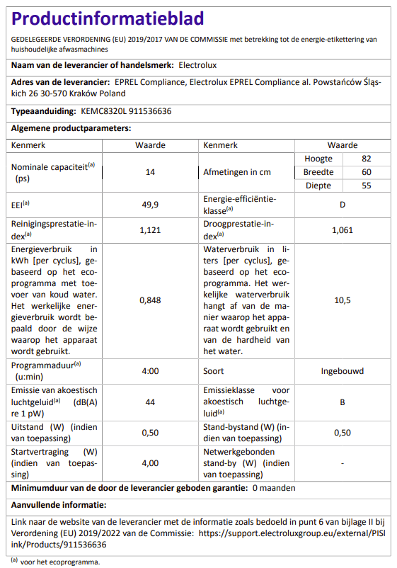 Productinformatieblaad van de Electrolux KEMC8320L inbouwvaatwasser met energieklasse D, 14 couverts, waterverbruik 10,5 L en geluidsniveau 44 dB volgens EU-verordening 2019/2017