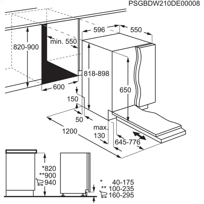 Inbouwmaten en technische tekening van de Electrolux KEMC8320L volledig geïntegreerde vaatwasser
